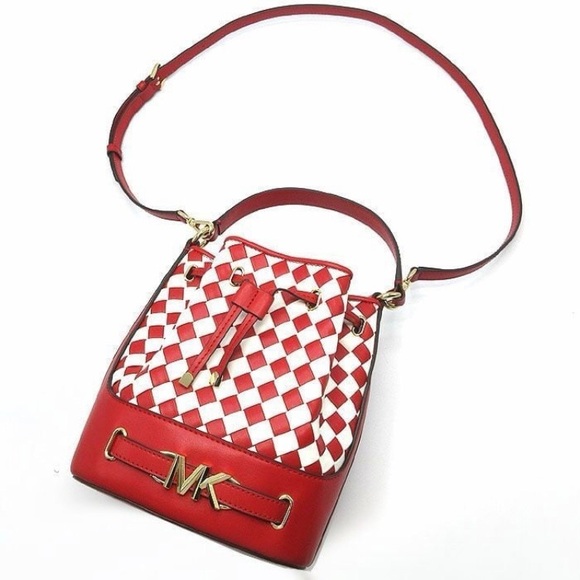 New! Michael Kors Reed Empire Logo Medium Woven Leather bucket bag - Picture 2 of 4